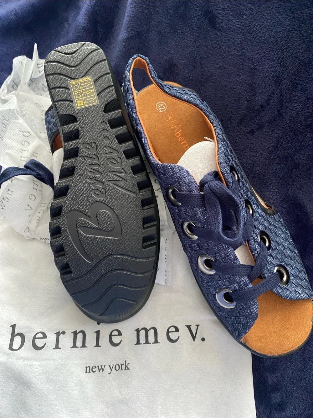 bernie mev. Navy Woven Open-Toe Lace-Up Sandals